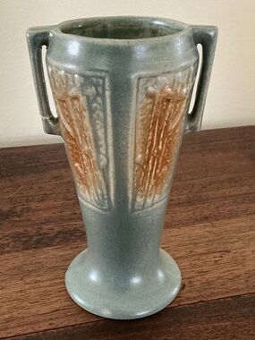 Red Wing Art Pottery Two-Handled Matte Green Vase 163